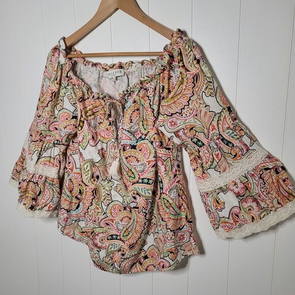 Hale Bob Linen Top Small Paisley Floral Lace Tasseled Tie Neck Boho - Picture 2 of 10